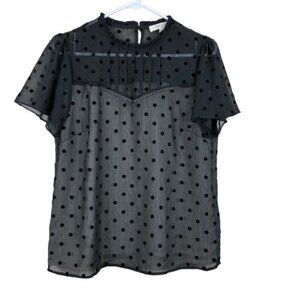 Oasis Black Sheer Velvet Polka Dot Whimsigoth Blouse Size 8